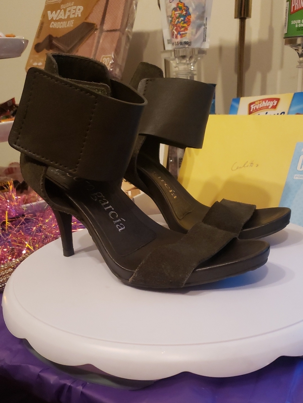 Pedro Garcia Very Dark Grey/Green Suede Leather Ankle-Strap Stiletto Heels Sz 6